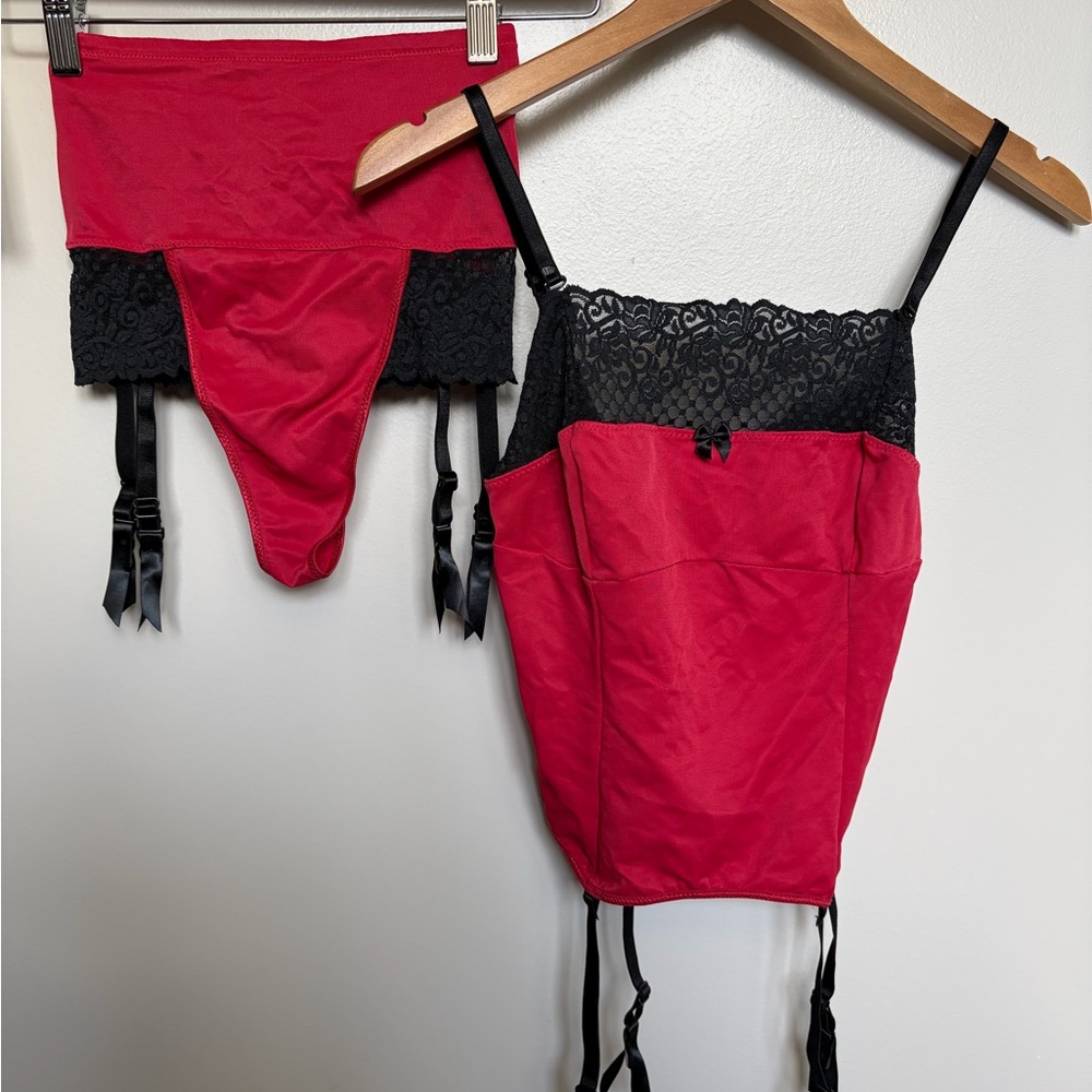 Victoria's Secret Red Camisole & Garter Brief Set with Black Lace